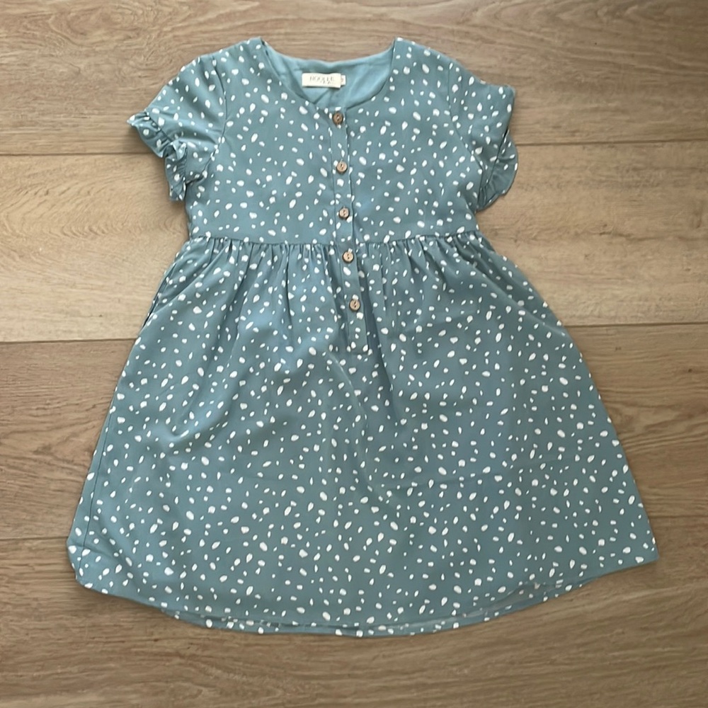 Green and white button dot dress